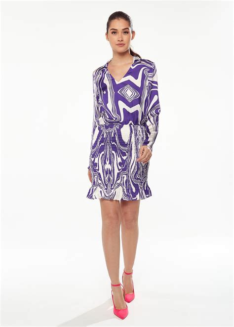 Women’s Mini Dress in Purple with Marble Print, V-Neck, Long Sleeves,