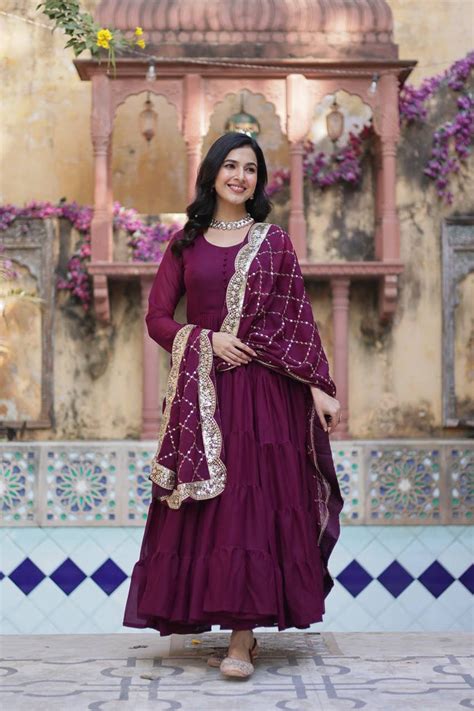 Wine Premium Readymade Elegant Flair Gown with Designer Dupa