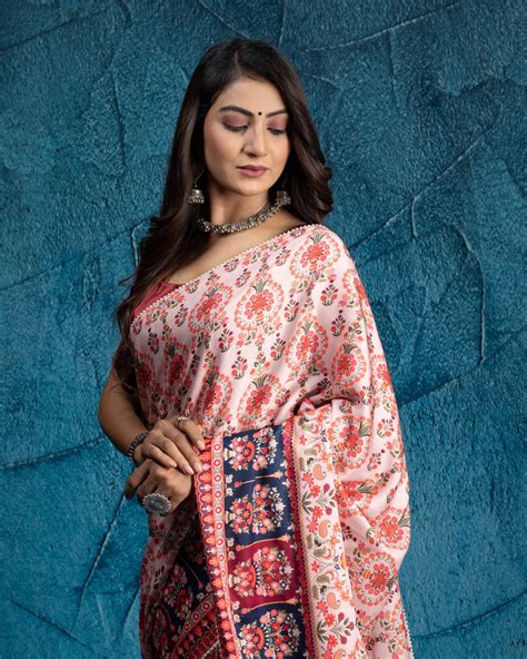 Red And Salmon Peach Floral Pattern Digital Print Muslin Saree With Pe ...