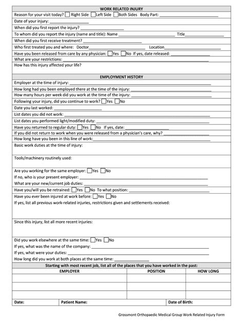 Fillable Online Work Related Injury Form - Grossmont Orthopaedic ...