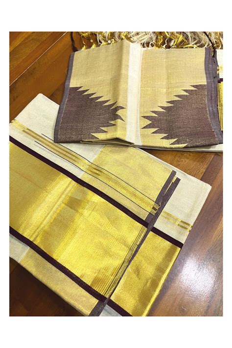 Southloom Handloom Premium Tissue Kasavu Set Mundu With Brown Big Temp ...