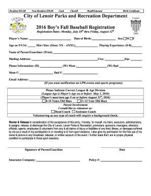 Fillable Online 2016 Fall Boy's Baseball Registration Form Fax Email ...