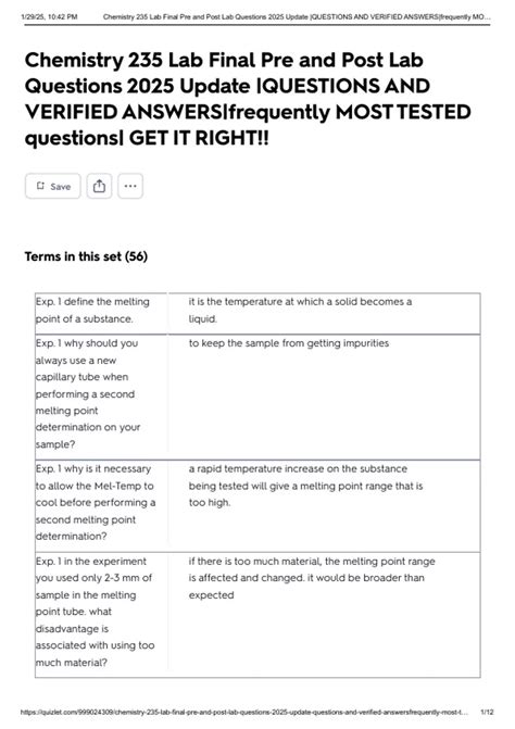 Chemistry 235 Lab Final Pre and Post Lab Questions 2025 Update ...