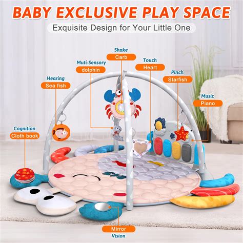 Baby Gym Play Mat, Tummy Time Mats & Kick Piano with 5 Toys Musical ...