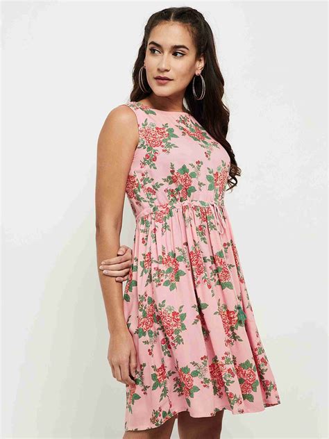 MAX Women Gathered Pink Knee Length Dress - Buy MAX Women Gathered Pink ...