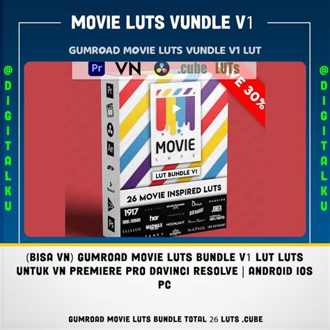 Jual (BISA VN) Gumroad Movie LUTs Bundle V1 LUT LUTs untuk VN Premiere ...