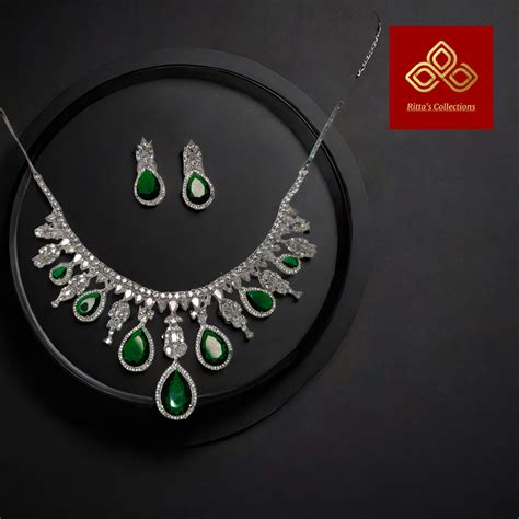Emerald Green American Diamond Necklace with Earrings – rittascollections