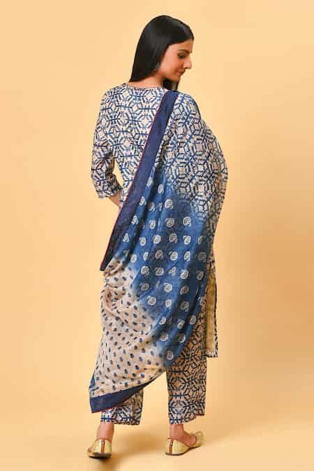 Buy Blue Chanderi, Lining Cotton Round Printed Kurta Set For Women by ...