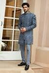 Buy Blue Matka Tussar Embroidered Resham Baroque Pattern Sherwani Set ...