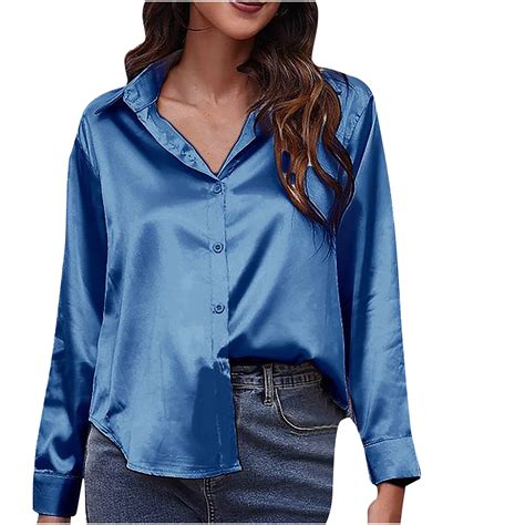 JWZUY Women's Casual Satin Silk Silks Long Sleeve Button Down Shirt ...