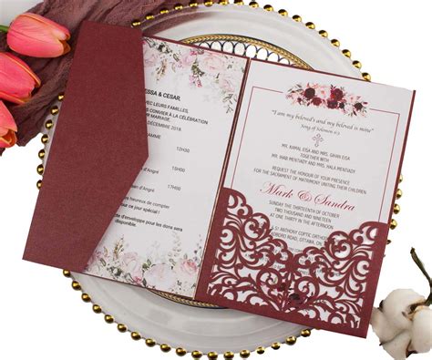 25 Sets Burgundy 250g Tri Fold Wedding Invitations Cards With Envelopes ...