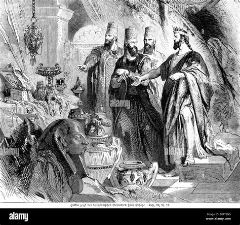 Hezekiah shows the Babylonian envoys his treasures, group, king, wealth ...