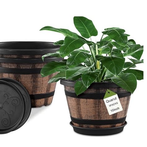 3 Pack 10 Inch Plant Pots,Whiskey Barrel Planters With Drainage Holes ...