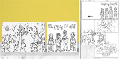 Happy Holi Cards - Printable Colouring Pack for Kids