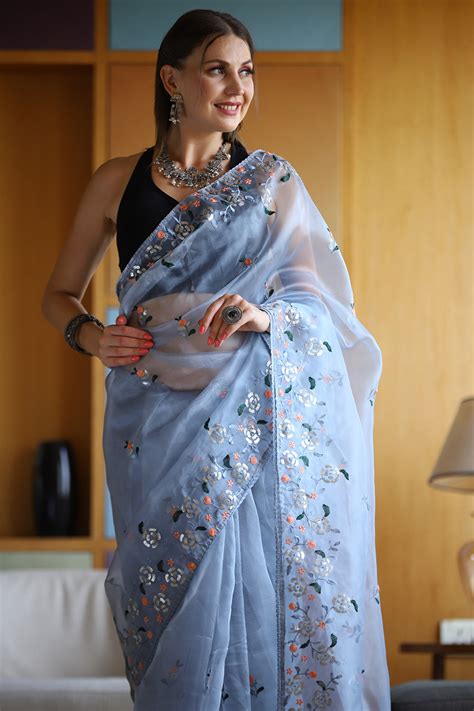 Buy French Blue Organza Saree 40068 Online | Karagiri