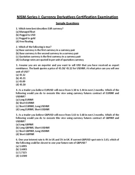 NISM-Series-I: Sample Questions for Currency Derivatives Exam - Studocu