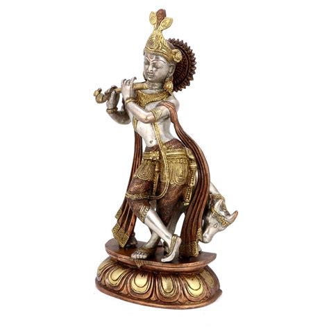 Brass Standing Flute Playing Krishna With Cow Nandi Statue– CraftVatika