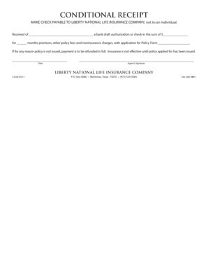 Fillable Online CONDITIONAL RECEIPT - United American Insurance Company ...