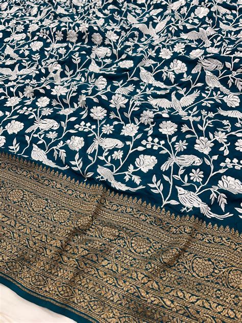 Teal Blue Parsigara Saree – MD Banaras