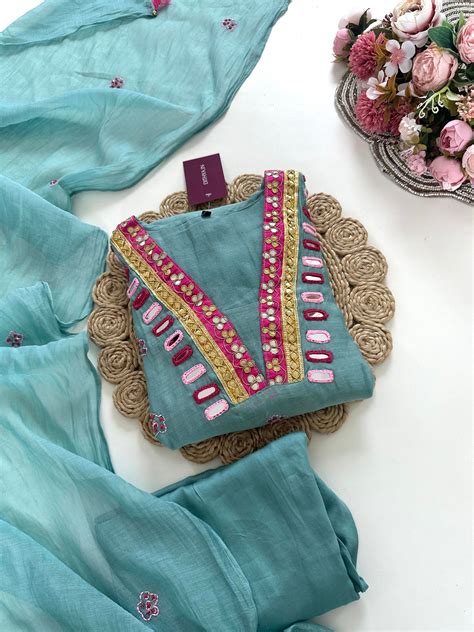 K147 - Mul Chanderi Mix handwork Aline Kurti with pants and dupatta ...