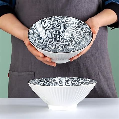 Buy OLWICK Japanese-Style Ceramic Bowls, 2-Piece Set, Handcrafted Blue ...