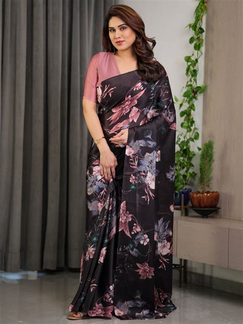 Black Satin Georgette Floral Printed Saree with Attached Blouse ...