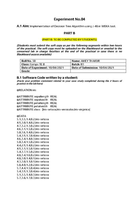 Experiment No. 04: Decision Tree Algorithm Implementation in WEKA ...