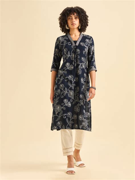 Navy Blue Viscose Slit Printed Kurti With Embroidery