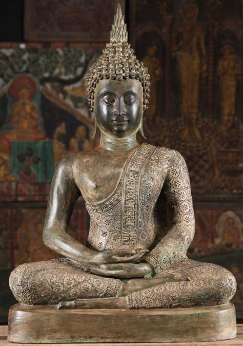 Brass Sukhothai Meditating Buddha Statue 29" (#50t41n): Lotus Sculpture