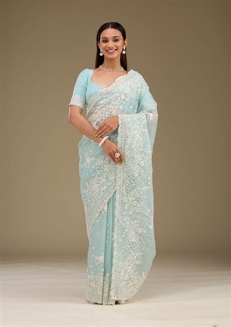 Buy Sky Blue Sequins Tissue Saree - Koskii