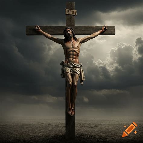 A man with a hammer faces Jesus on the cross under a stormy sky. on Craiyon