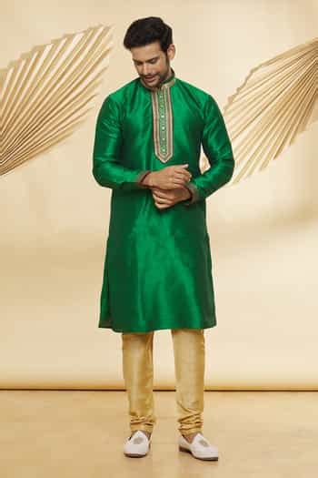 Buy Green Kurta Dupion And Churidar Sponge Thread Band Collar & Set For ...