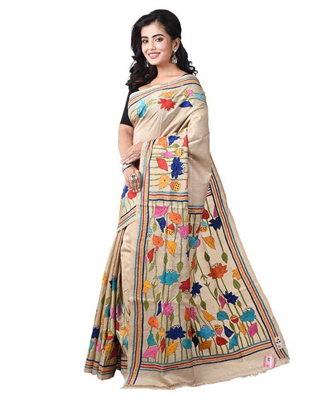 Beige tussar silk bengal hand embroidery kantha stitch saree – GoSwadeshi