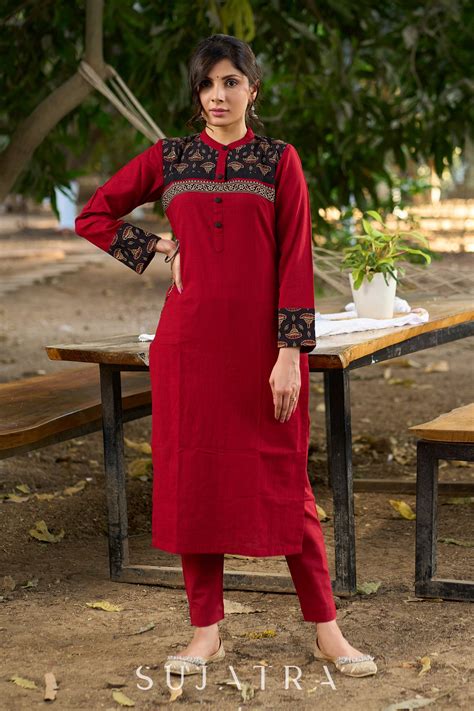 Classic Maroon Cotton Kurta Featuring Subtle Ajrakh Accents – Sujatra