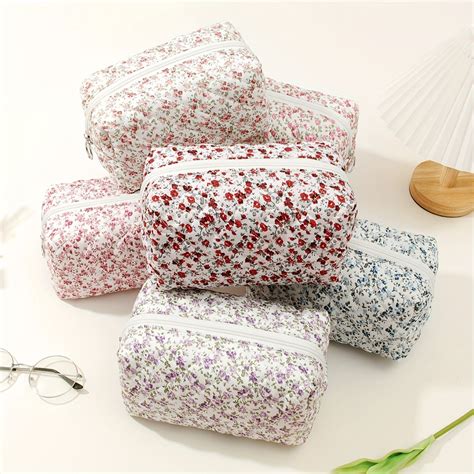 Floral Quilted Makeup Bag Cosmetic Storage for Women Durable Travel ...