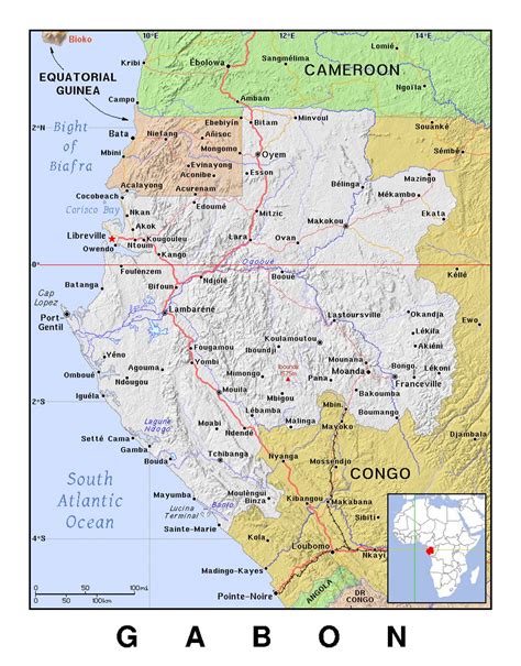 Detailed political map of Gabon with relief | Gabon | Africa | Mapsland ...
