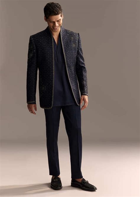 Midnight Blue Jodhpuri Suit For Men With Heavy Hand Embroidery