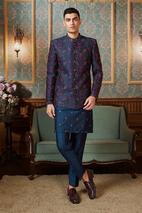 Navy Blue Jacket Style Indowestern In Art Silk Set For Mens ...