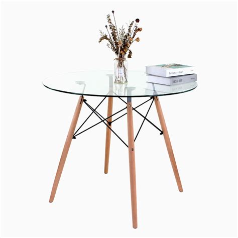 Round Dining Table, 90 cm Safe Clear Glass Kitchen Table, Retro Wooden ...