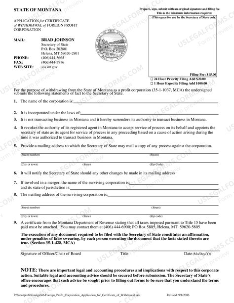 Montana Application for Certificate of Withdrawal of Foreign ...