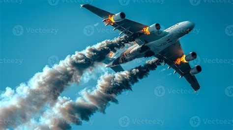 Airplane with engine on fire during flight. Aircraft experiencing ...