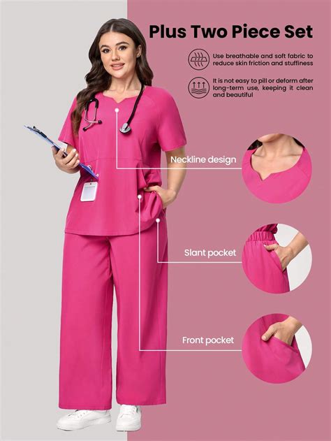 Plus Size Women Scrub Uniforms Set, Solid Color Short Sleeve Top And ...