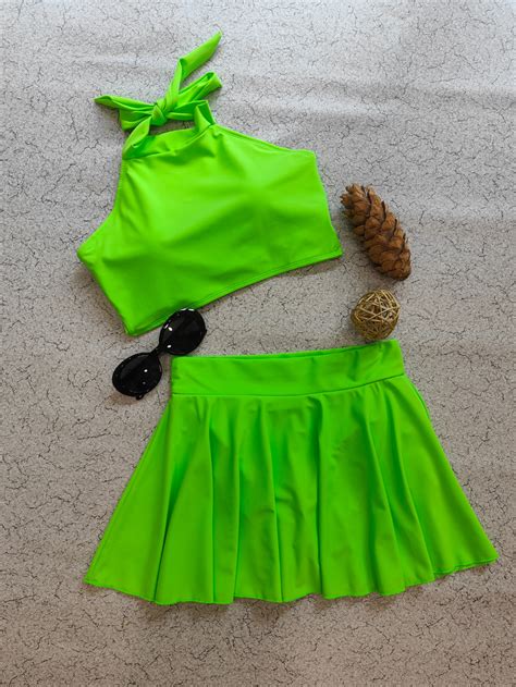 Neon Green Halter Bikini & Skirt Set – Aderry