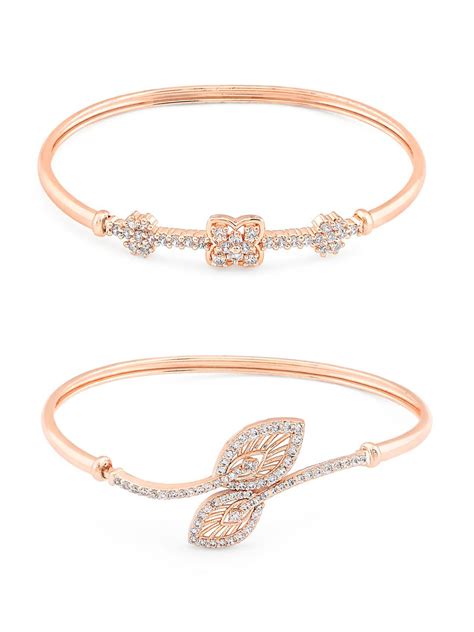 ZAVERI PEARLS Set of 2 Rose Gold Cubic Zirconia Contemporary Brass Kada ...
