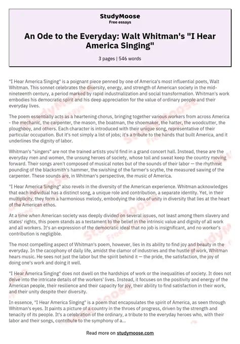 An Ode to the Everyday: Walt Whitman's "I Hear America Singing" Free ...