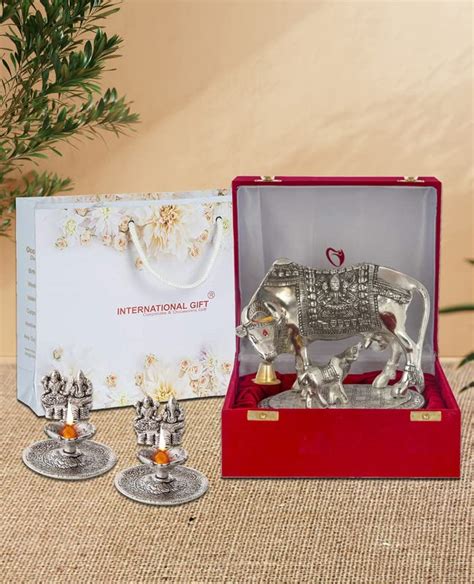 Buy INTERNATIONAL GIFT® Silver Kamdhenu Cow with Calf Metal Statue ...