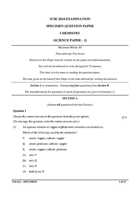 ICSE 2024 Chemistry Specimen Question Paper 522 SCI2 Exam - Studocu