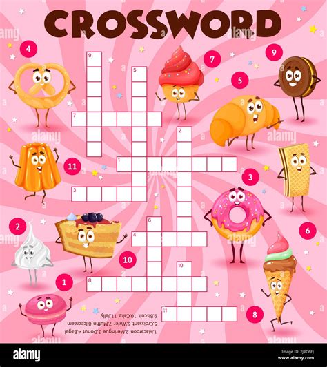 Cartoon bakery sweets and dessert characters, crossword puzzle game grid, find a word quiz ...