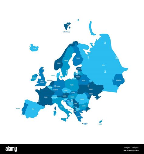 Political map of Europe. Blue colored land with country name labels on ...