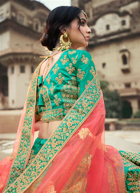 Green Color Satin Material Stone And Dori Work Lehenga